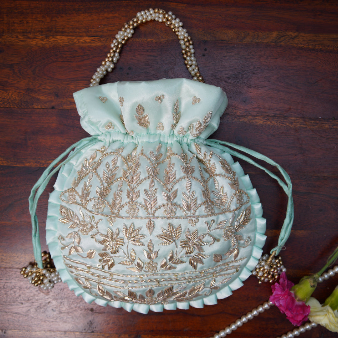 Iced blue Silk Embroidered Potli Bag (With Handle)