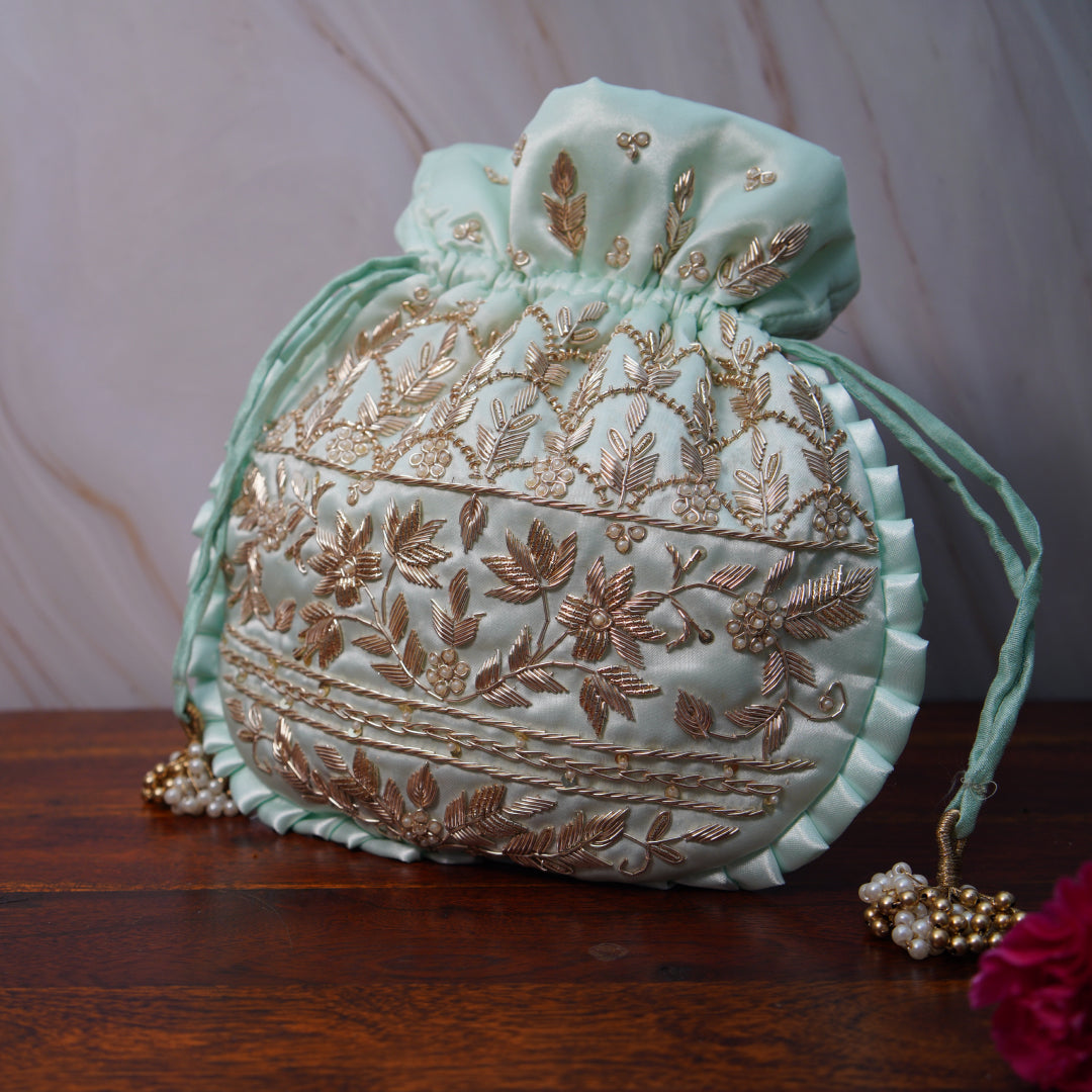 Iced blue Silk Embroidered Potli Bag (With Handle)