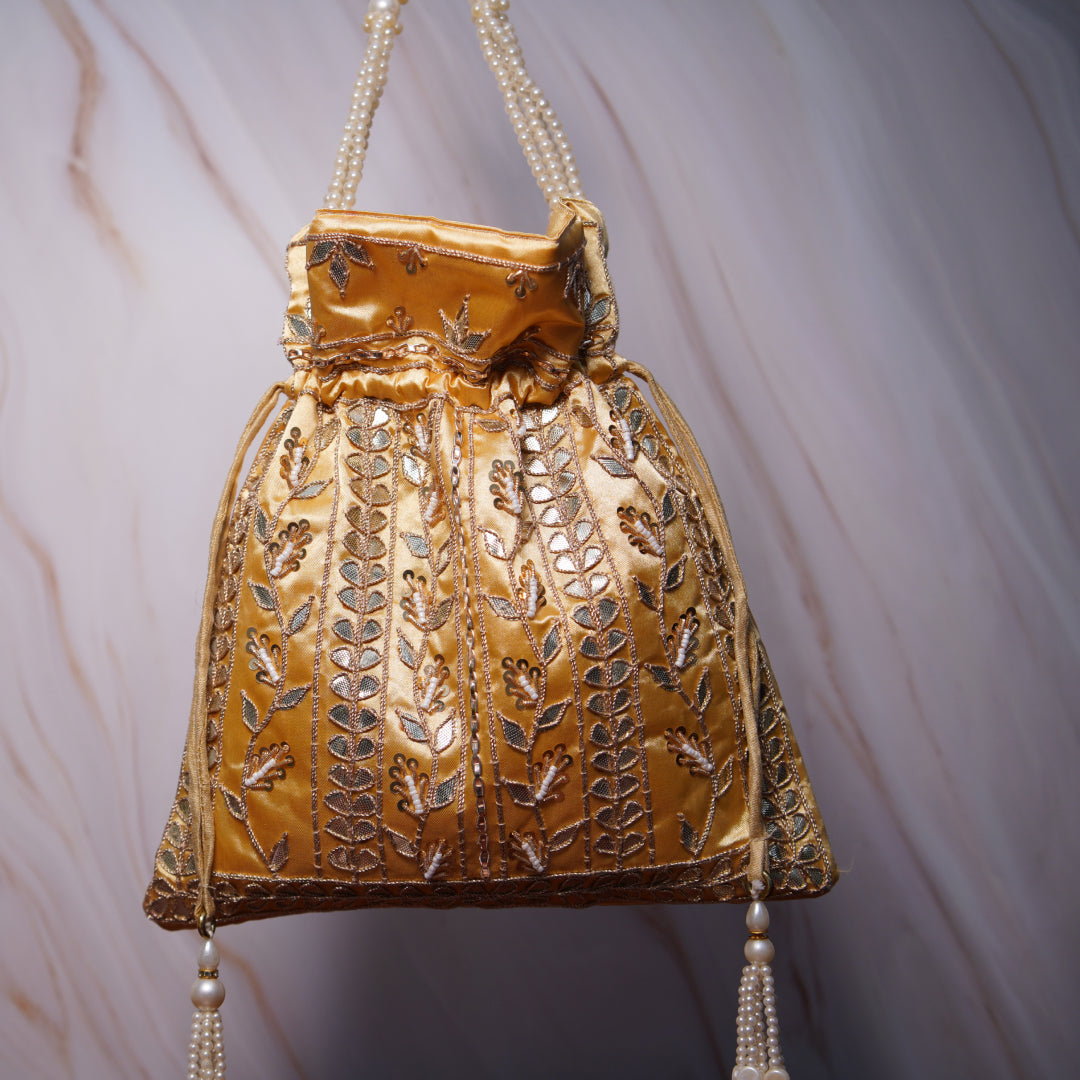 Mirror Gold Gota Patti Silk Embroidered Potli Bag (With Handle)