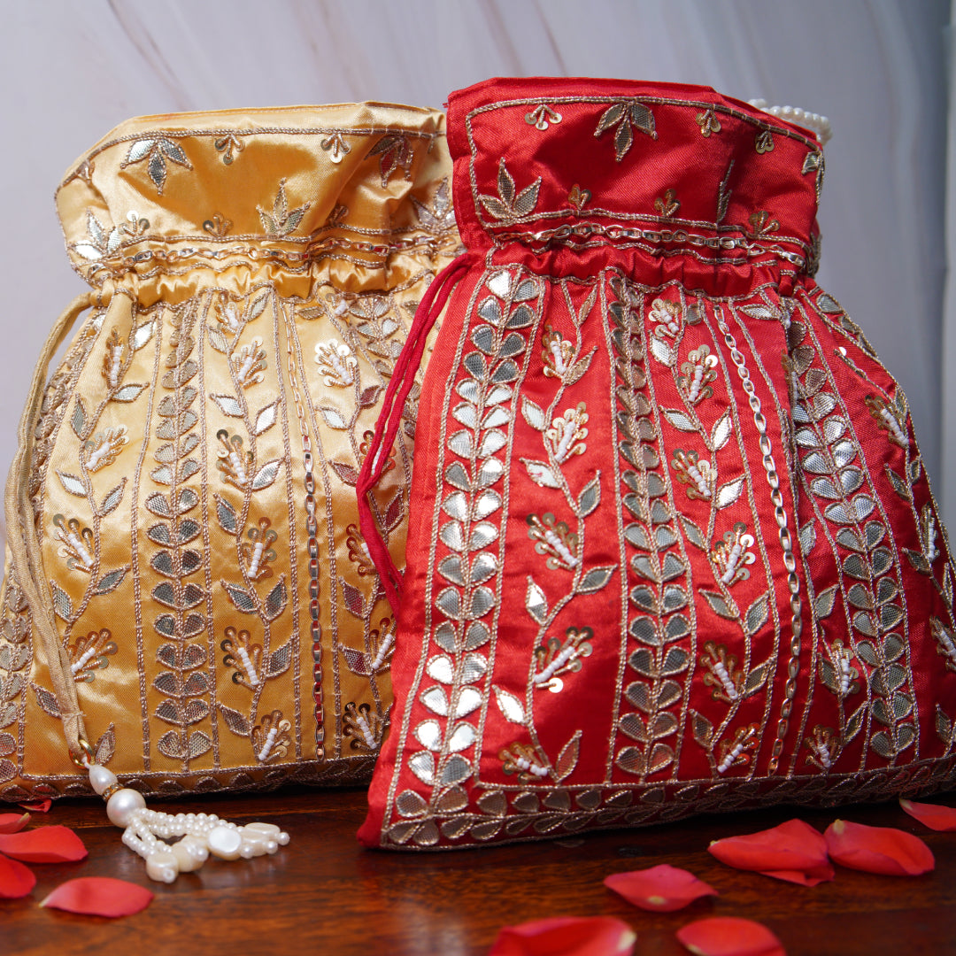 Mirror Gold Gota Patti Silk Embroidered Potli Bag (With Handle)
