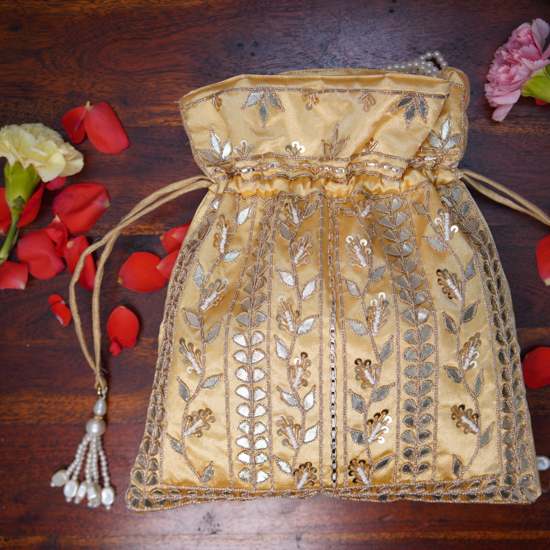 Mirror Gold Gota Patti Silk Embroidered Potli Bag (With Handle)