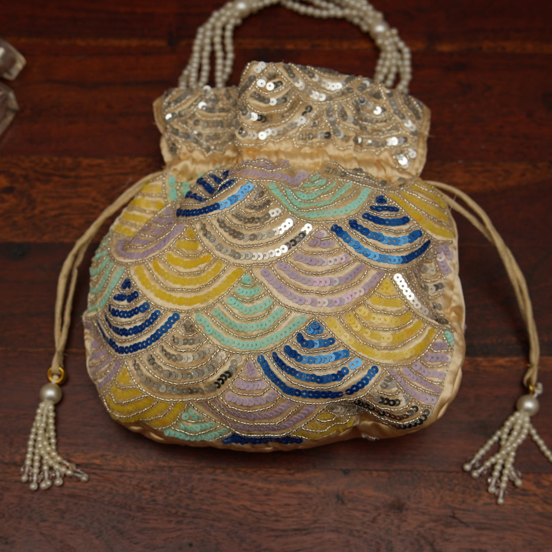 Silver sequence Silk Embroidered Potli Bag (With Handle)