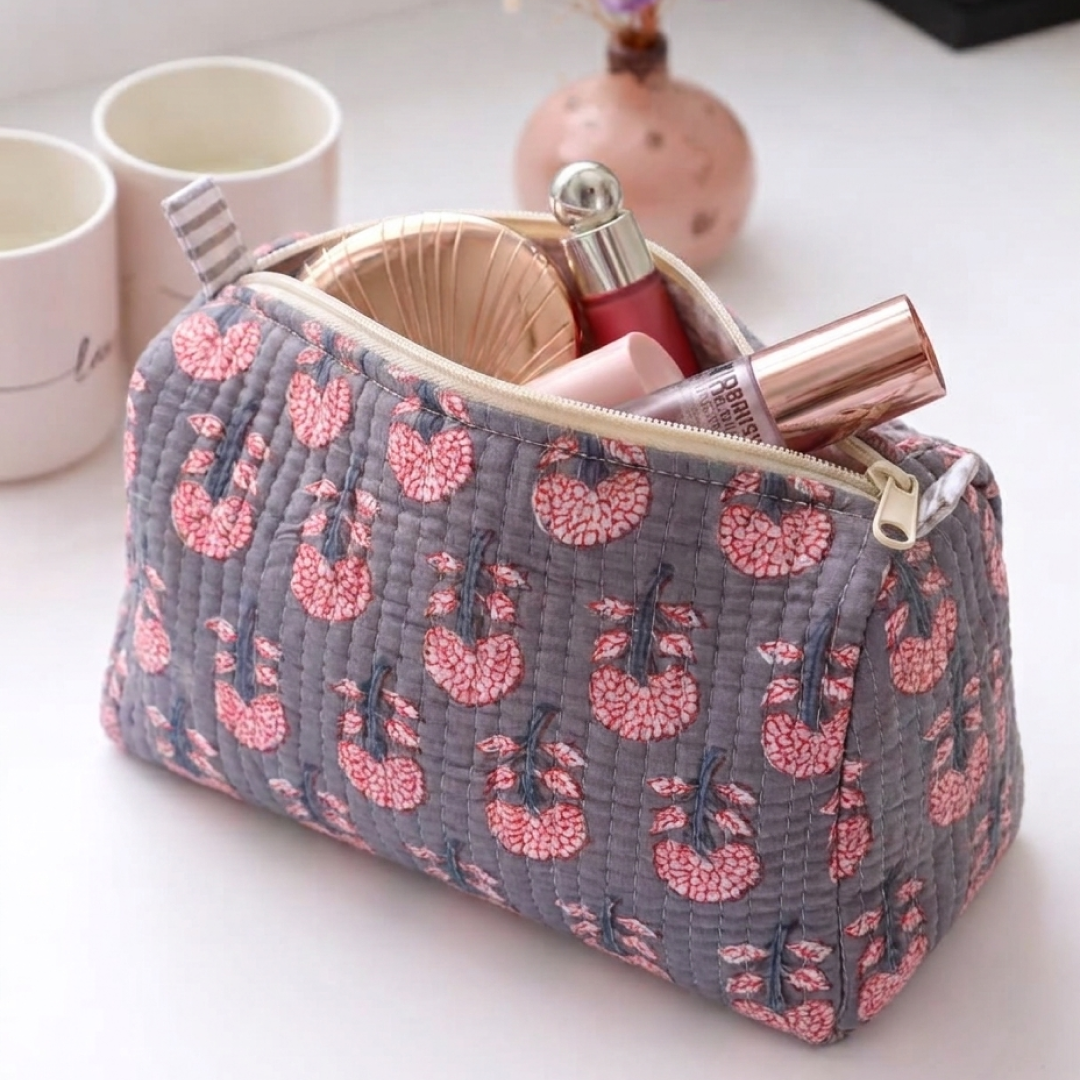 3-Piece Quilted Cosmetic Organizer Pouch Set (Muted Bloom)