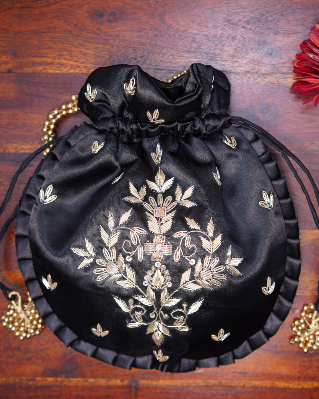 Obsidian Black With Gold Silk Embroidered Potli Bag (With Handle)