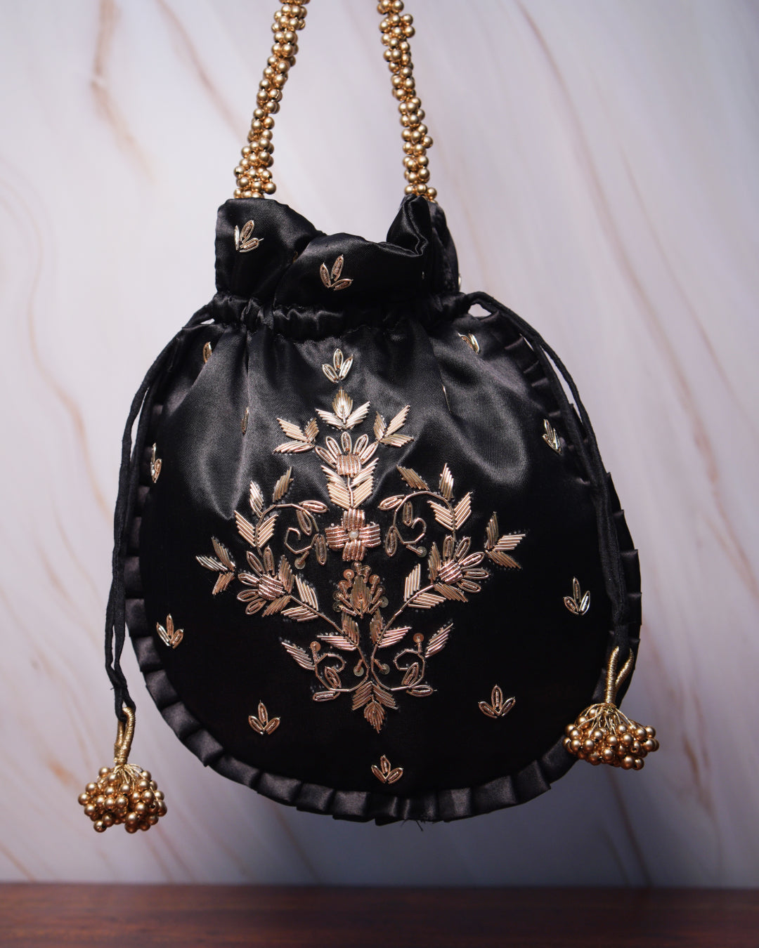 Obsidian Black With Gold Silk Embroidered Potli Bag (With Handle)