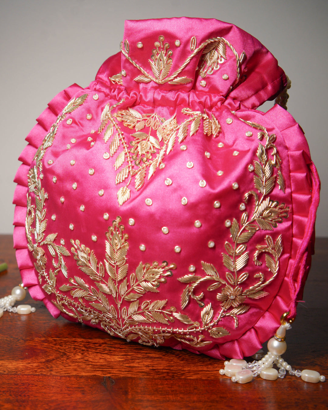 Onion Purple Silk Embroidered Potli Bag (With Handle)
