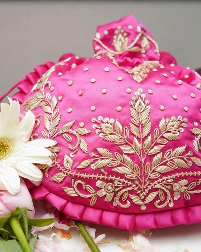 Onion Purple Silk Embroidered Potli Bag (With Handle)