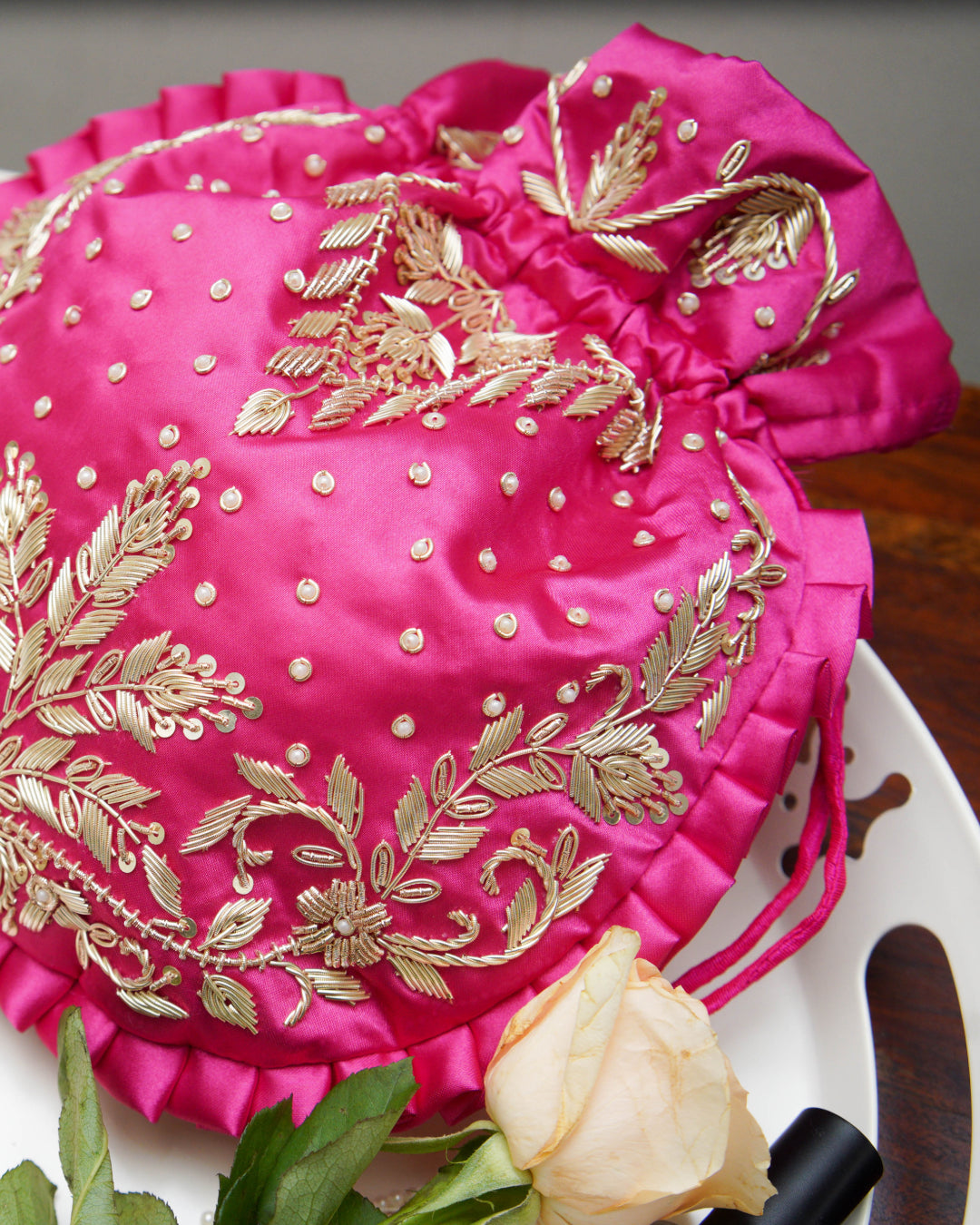 Dark Hot Pink Silk Embroidered Potli Bag (With Handle)