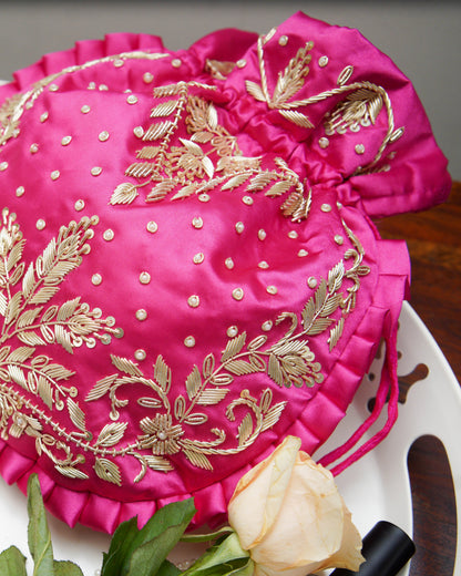 Onion Purple Silk Embroidered Potli Bag (With Handle)