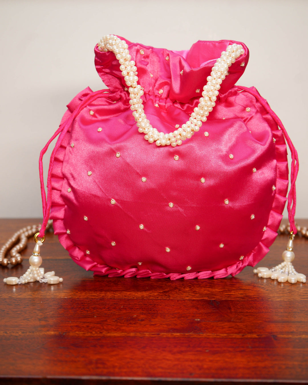 Dark Hot Pink Silk Embroidered Potli Bag (With Handle)