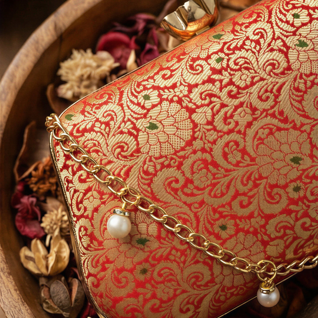 Fire Red Pure Banarasi Brocade 2-in-1 Clutch & Sling Bag with Diamond Top