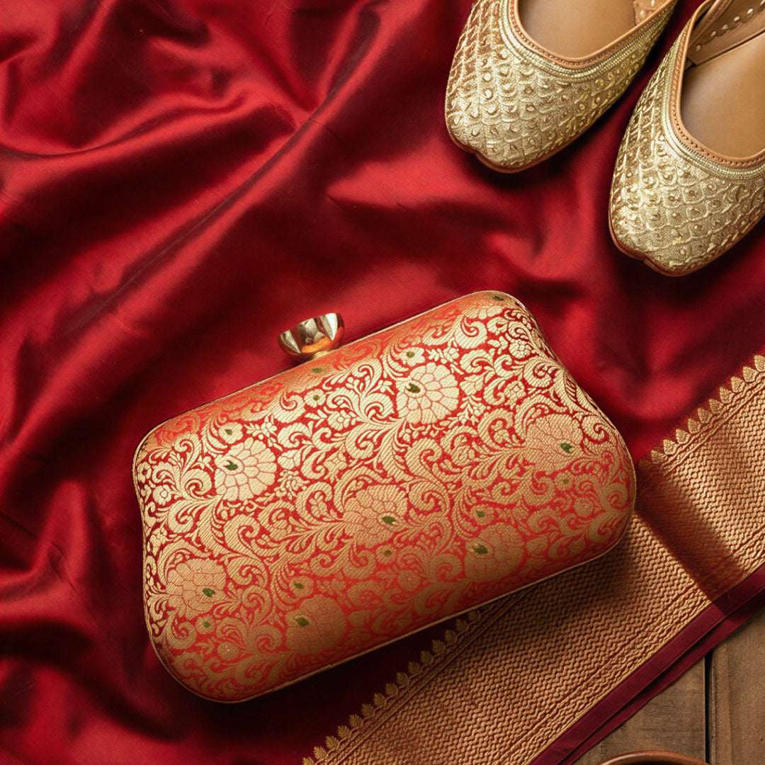 Fire Red Pure Banarasi Brocade 2-in-1 Clutch & Sling Bag with Diamond Top