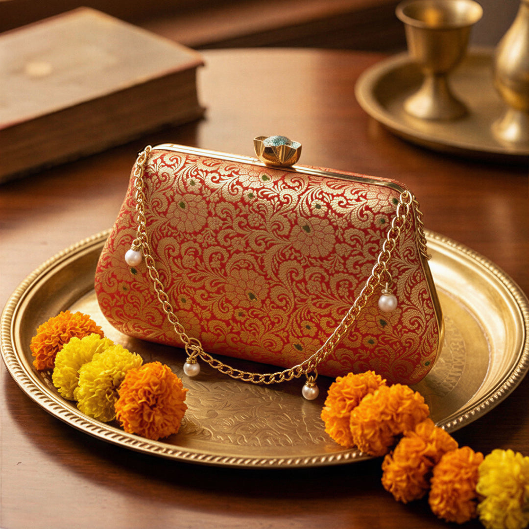 Fire Red Pure Banarasi Brocade 2-in-1 Clutch & Sling Bag with Diamond Top