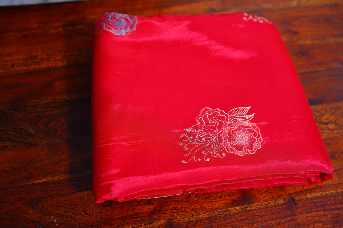 Red Silver Banarasi Moonga Tissue Saree
