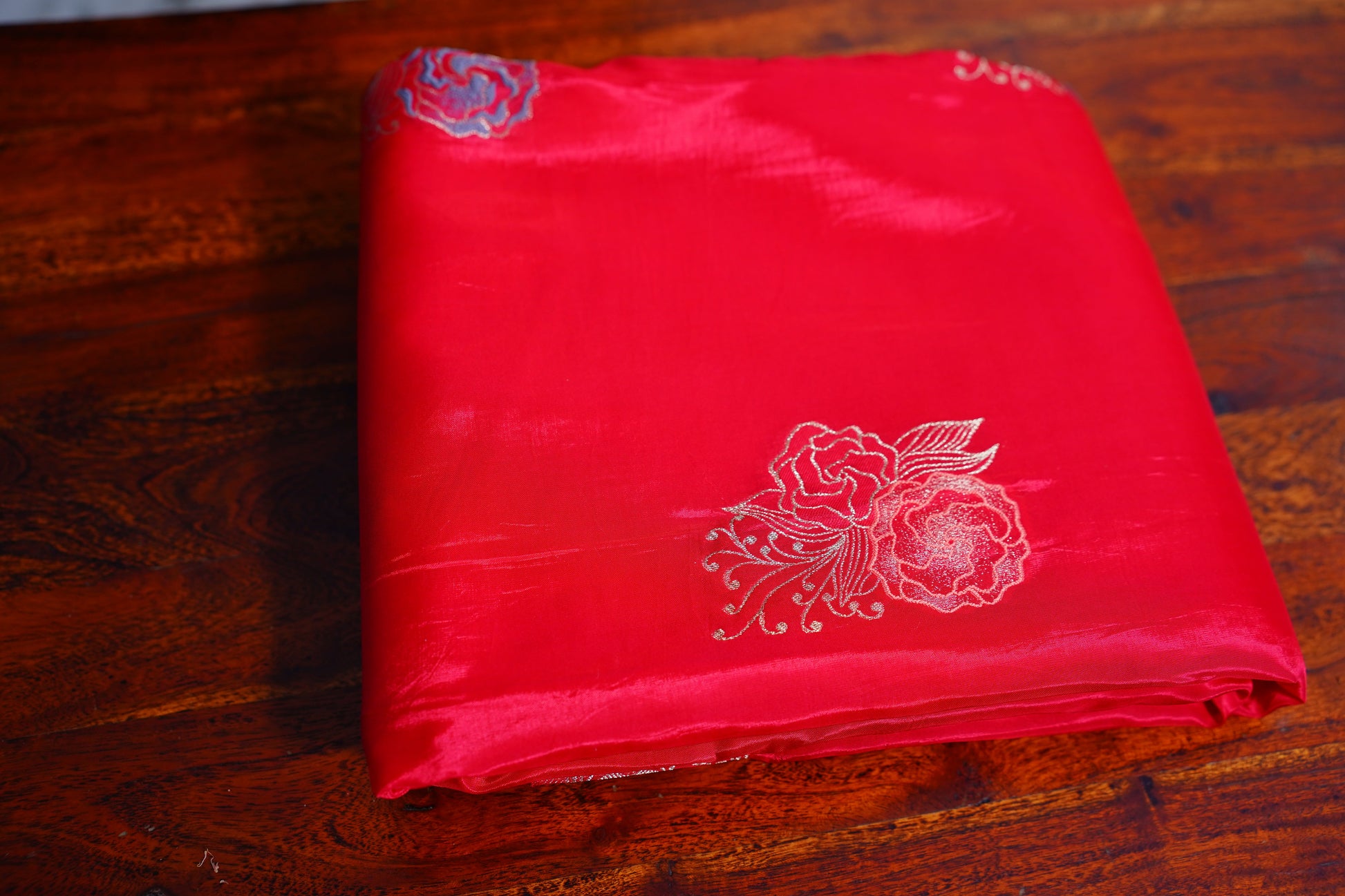 Red Silver Banarasi Moonga Tissue Saree