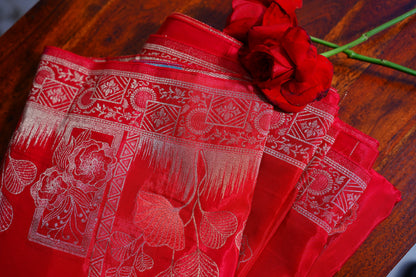 Red Silver Banarasi Moonga Tissue Saree