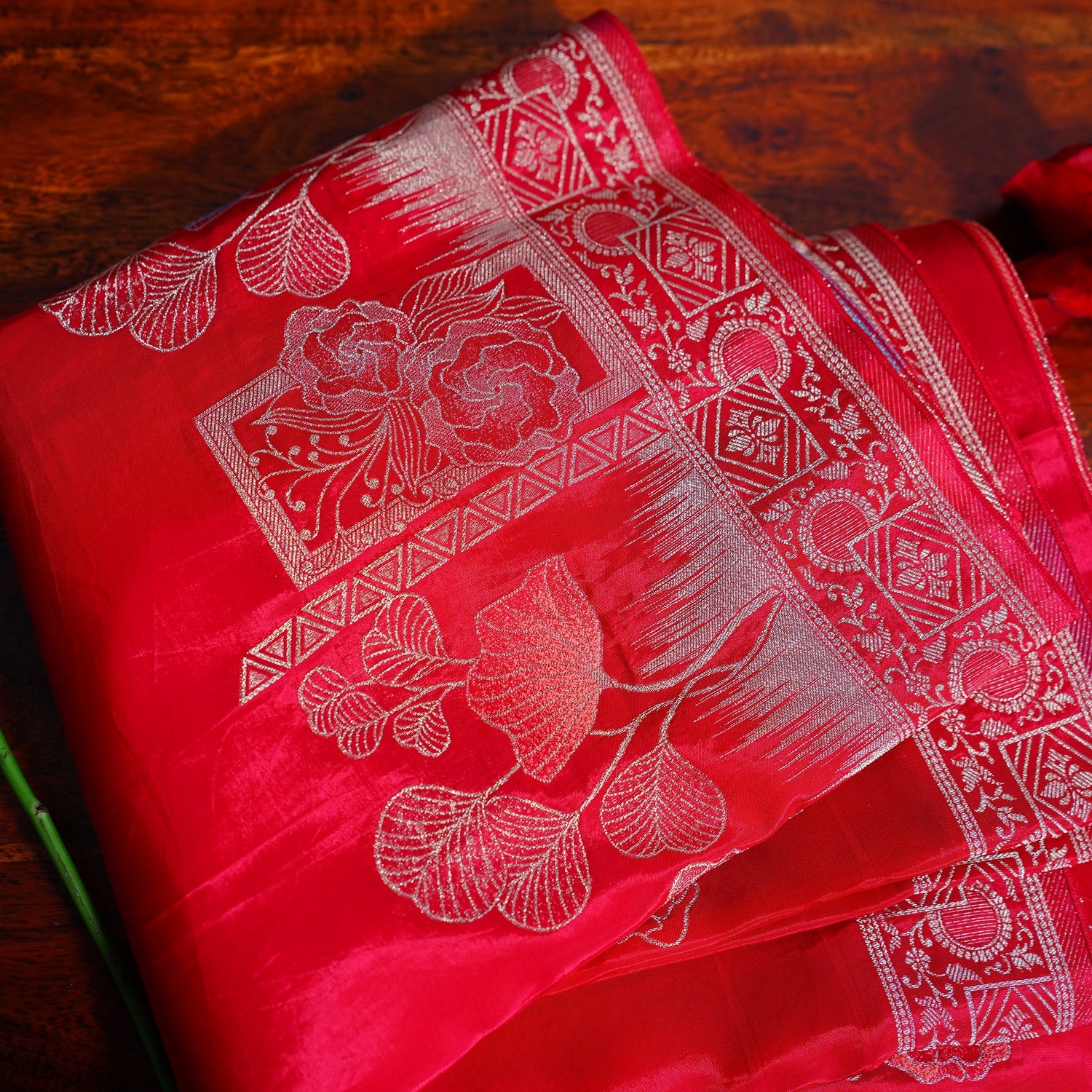 Red Silver Banarasi Moonga Tissue Saree