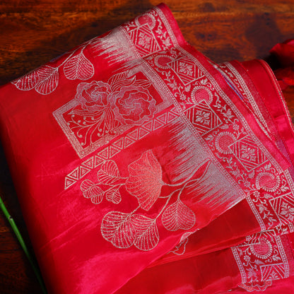Red Silver Banarasi Moonga Tissue Saree
