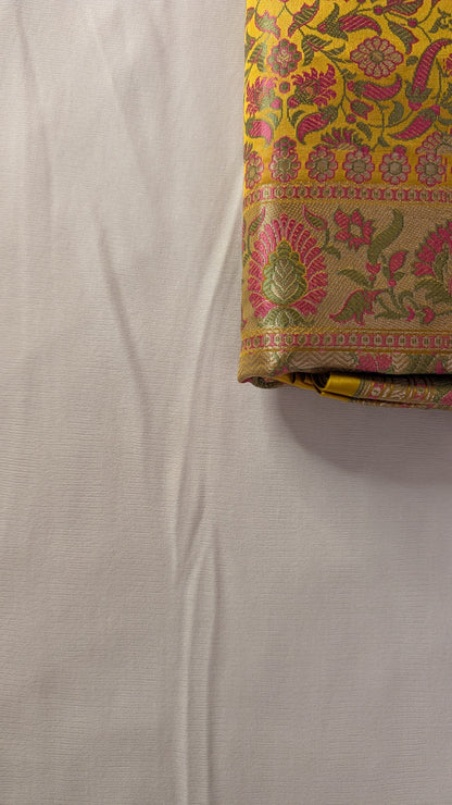 Yellow Soft Satin Silk Tanchoi Jamawar Banarasi Handloom Saree