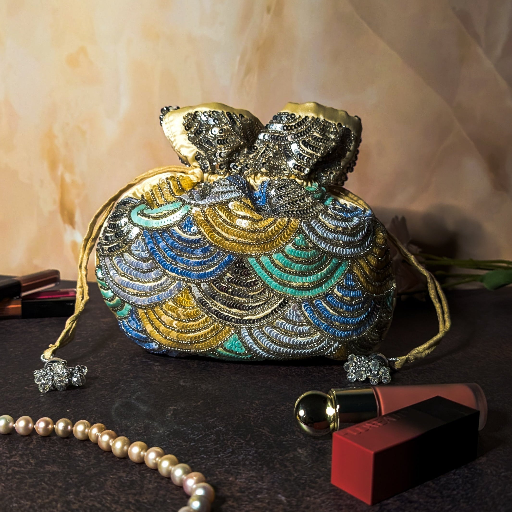 Peacock Silk Embroidered Women Potli Bag