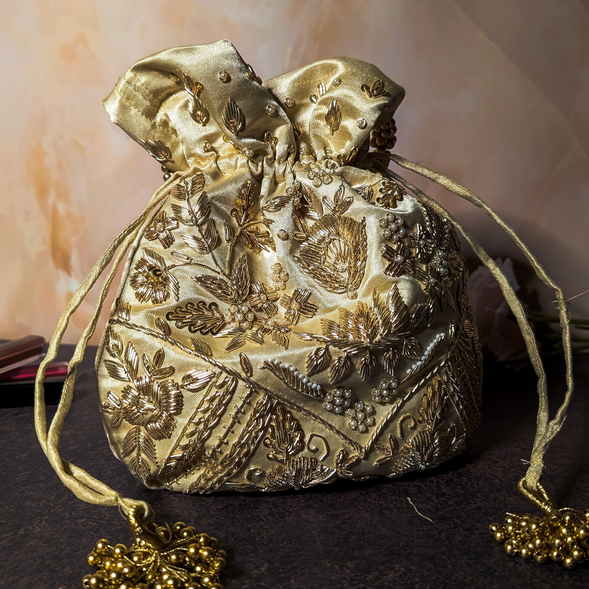 Off-white Silk Embroidered Women Potli Bag