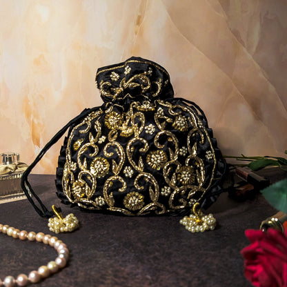 Black Silk Embroidered Women Potli Bag