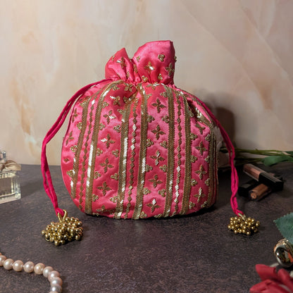 Dark Pink Silk Embroidered Women Potli Bag