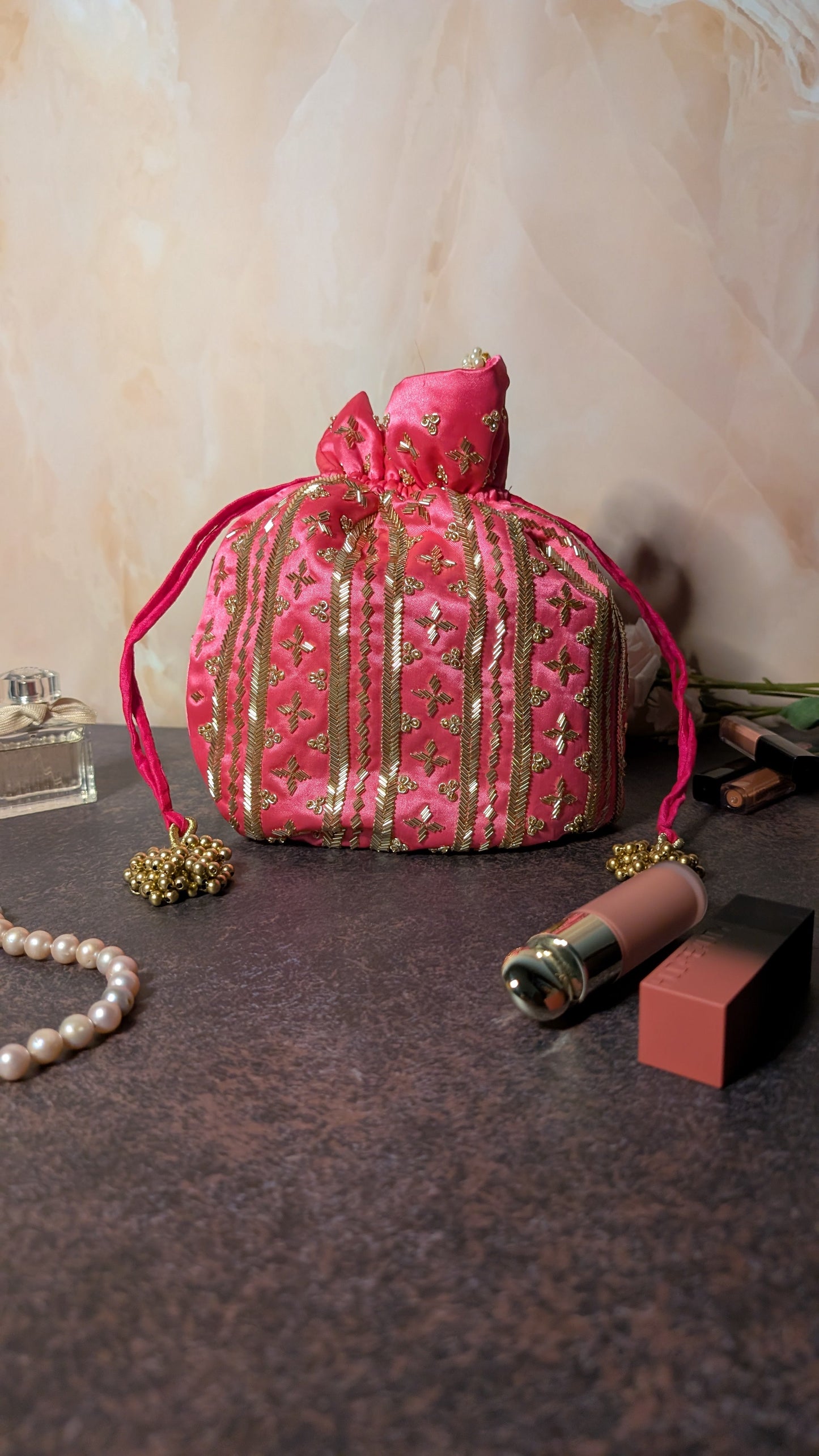 Dark Pink Silk Embroidered Women Potli Bag