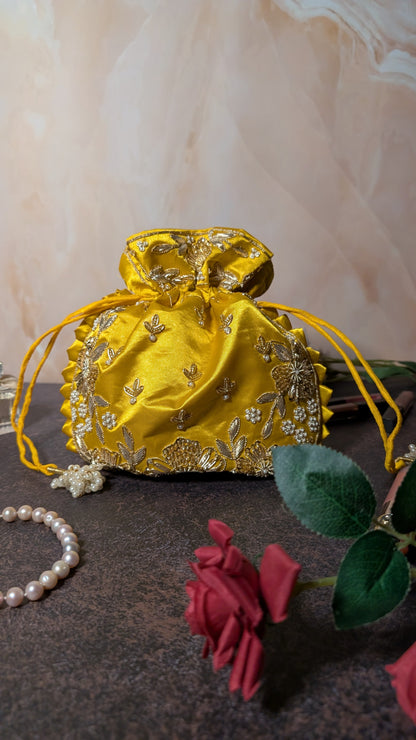 Yellow Silk Embroidered Women Potli Bag