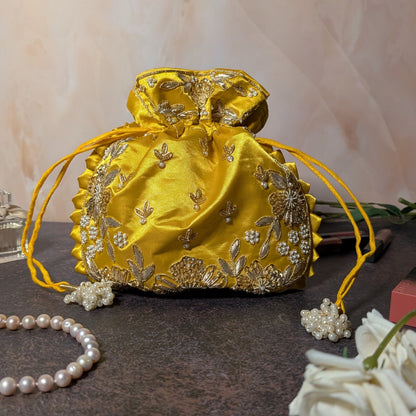 Yellow Silk Embroidered Women Potli Bag