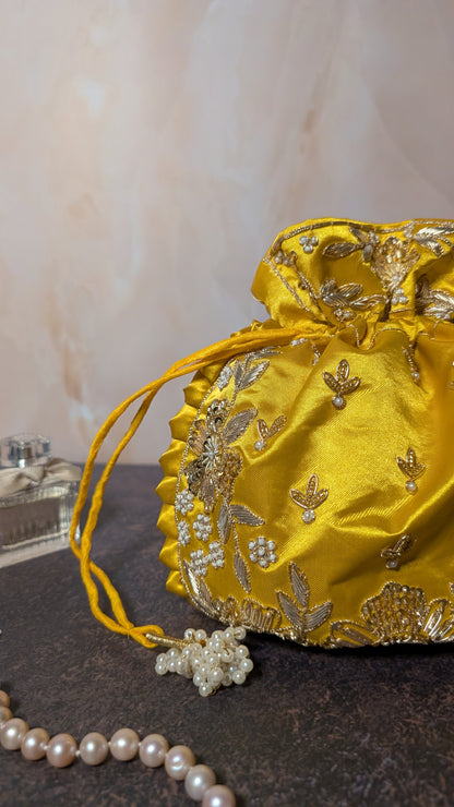 Yellow Silk Embroidered Women Potli Bag