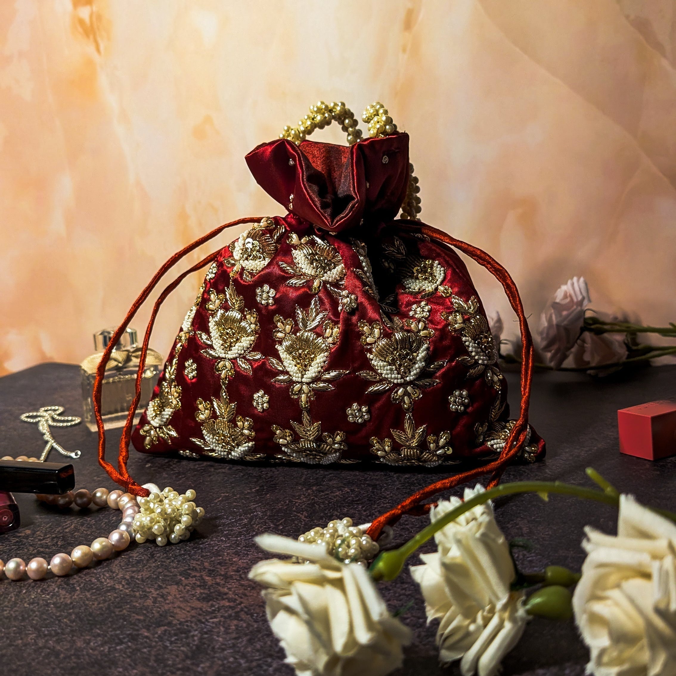 Maroon Silk Hand Embroidered Women Potli Bag