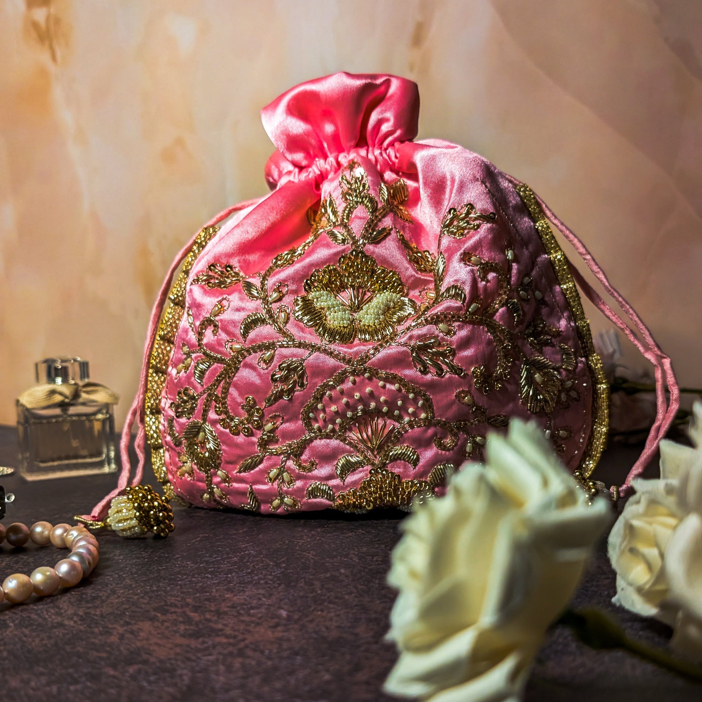 Pink Silk Embroidered Women Potli Bag