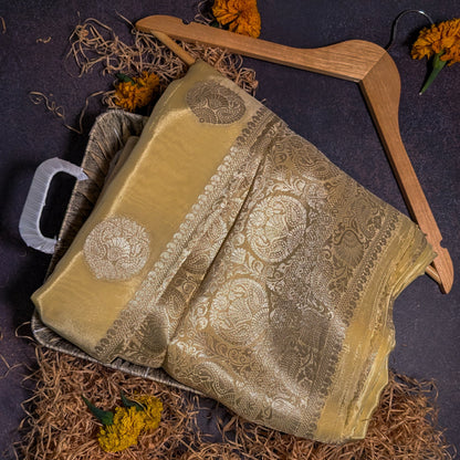 Golden Bloom Banarasi Moonga Tissue Saree