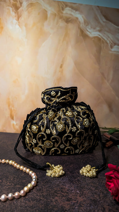 Black Silk Embroidered Women Potli Bag