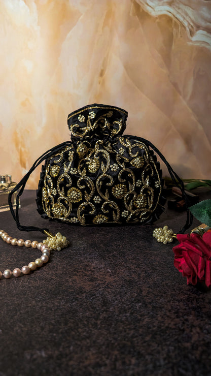 Black Silk Embroidered Women Potli Bag