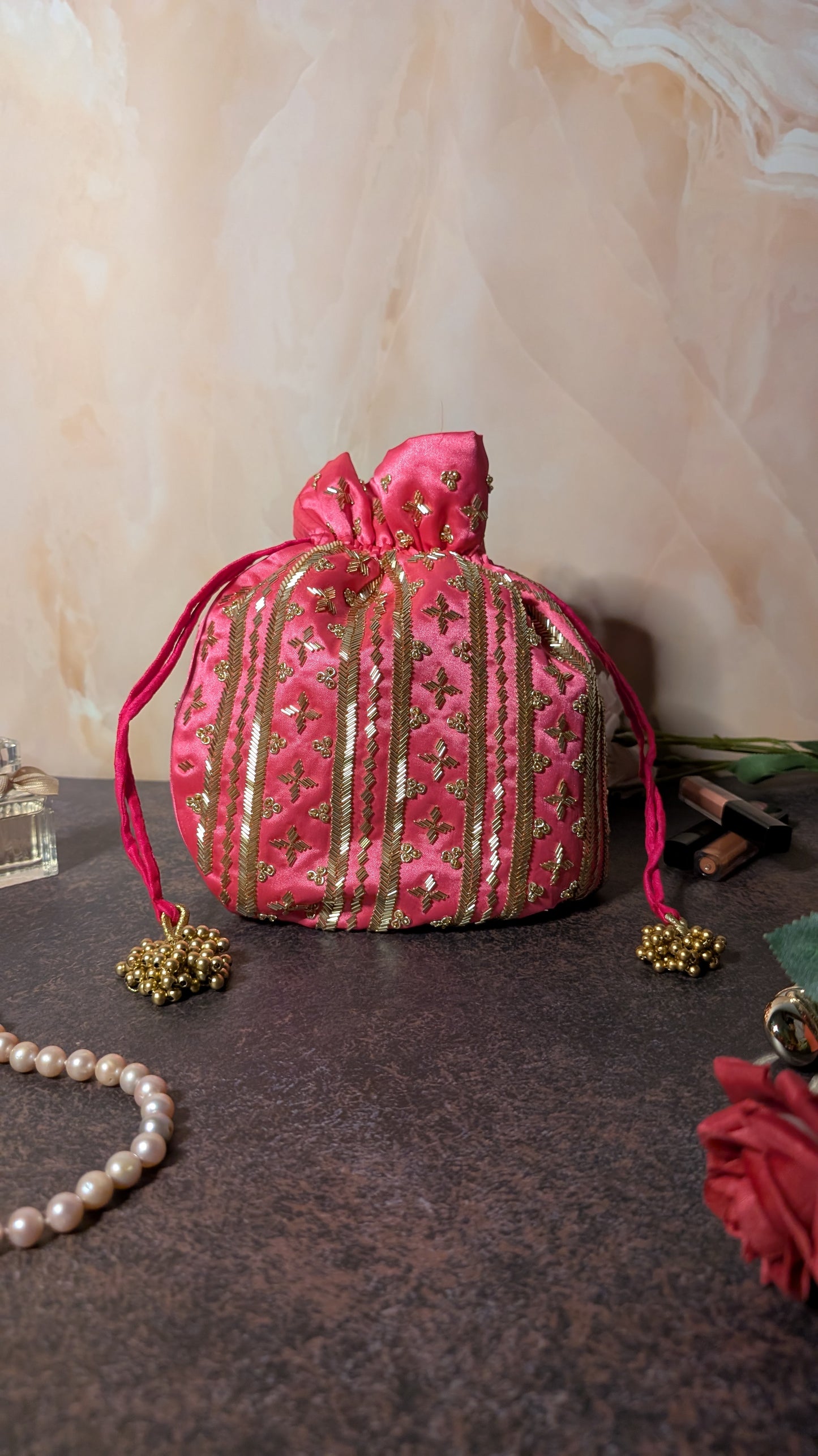 Dark Pink Silk Embroidered Women Potli Bag