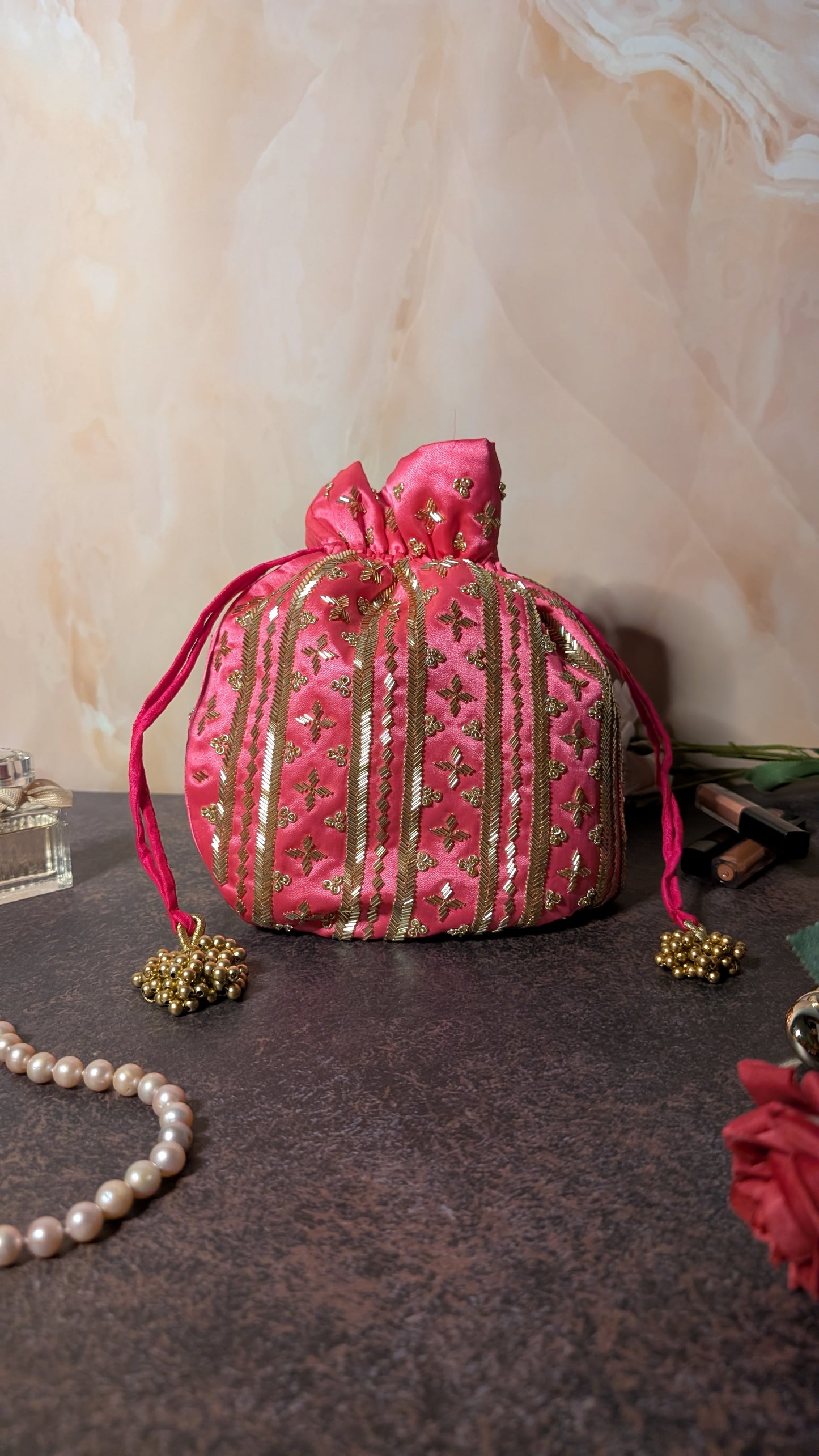 Dark Pink Silk Embroidered Women Potli Bag