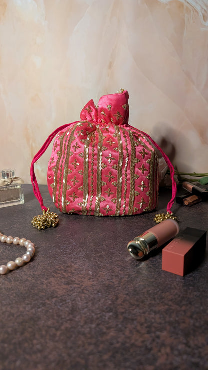 Dark Pink Silk Embroidered Women Potli Bag