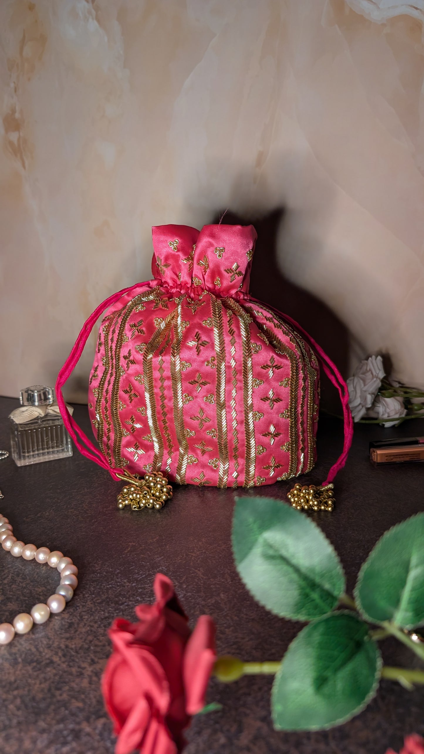 Dark Pink Silk Embroidered Women Potli Bag