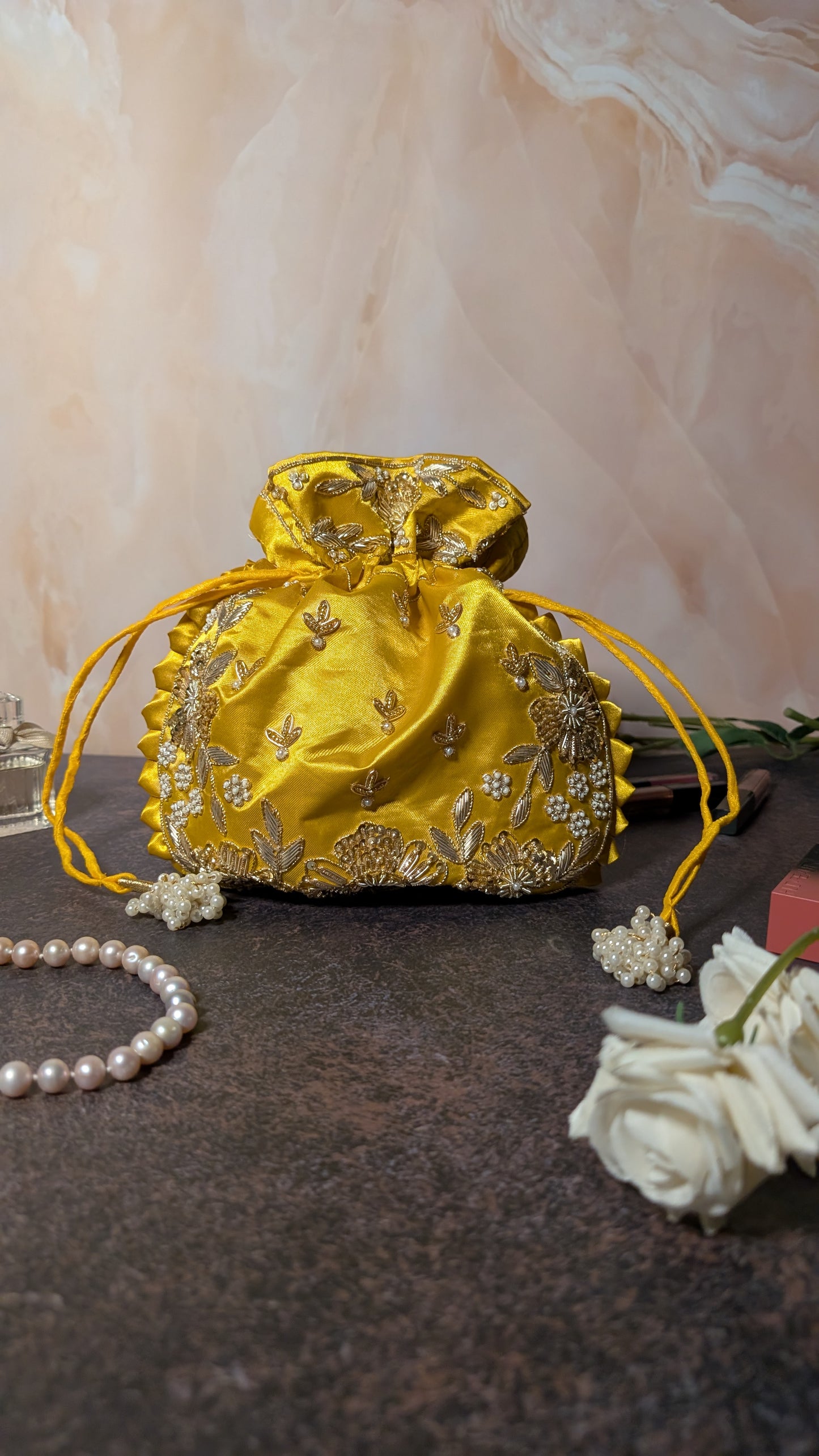 Yellow Silk Embroidered Women Potli Bag