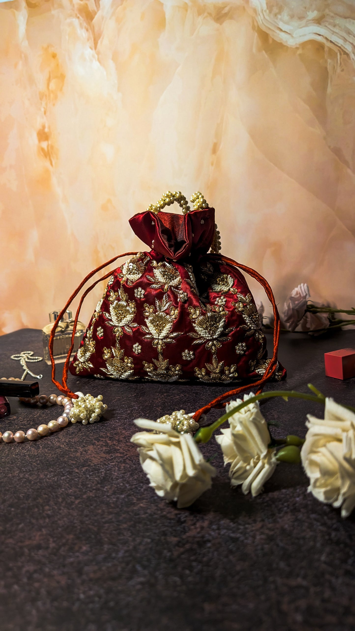 Maroon Silk Hand Embroidered Women Potli Bag