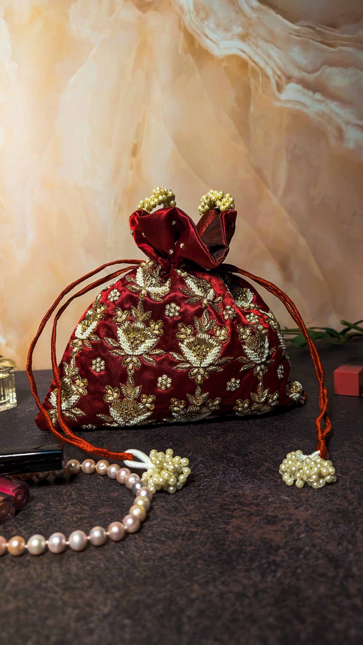 Maroon Silk Hand Embroidered Women Potli Bag