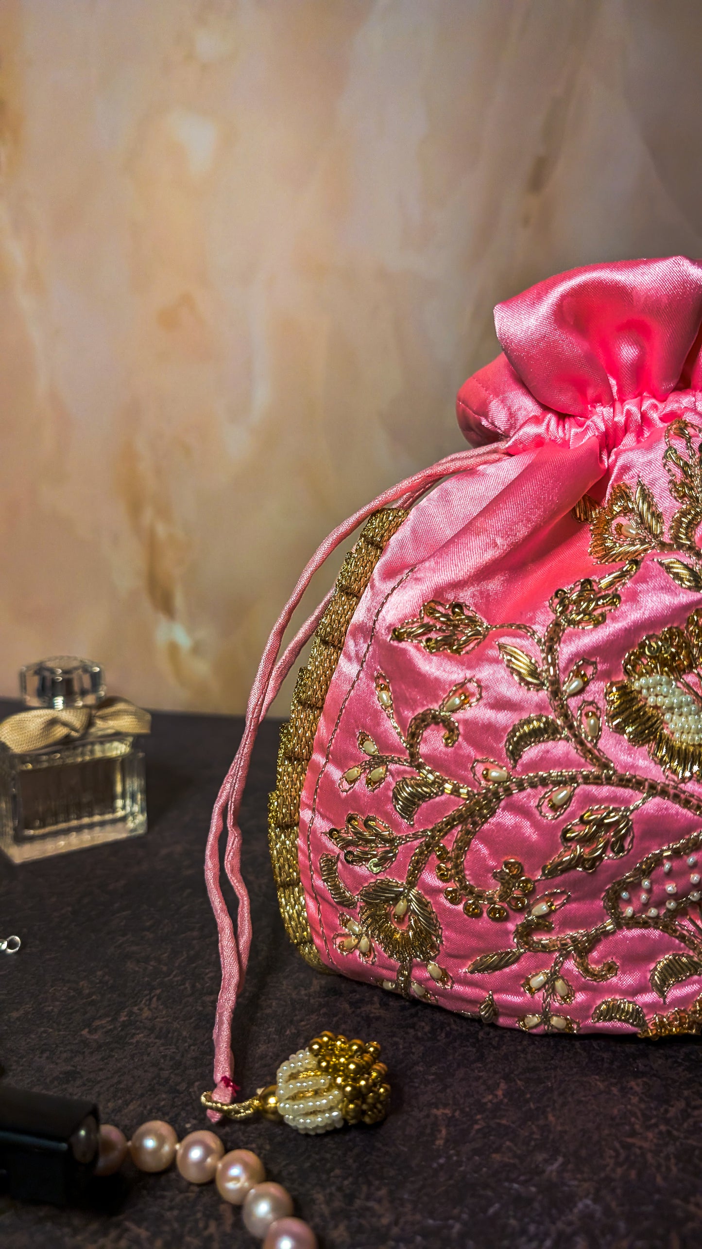 Pink Silk Embroidered Women Potli Bag