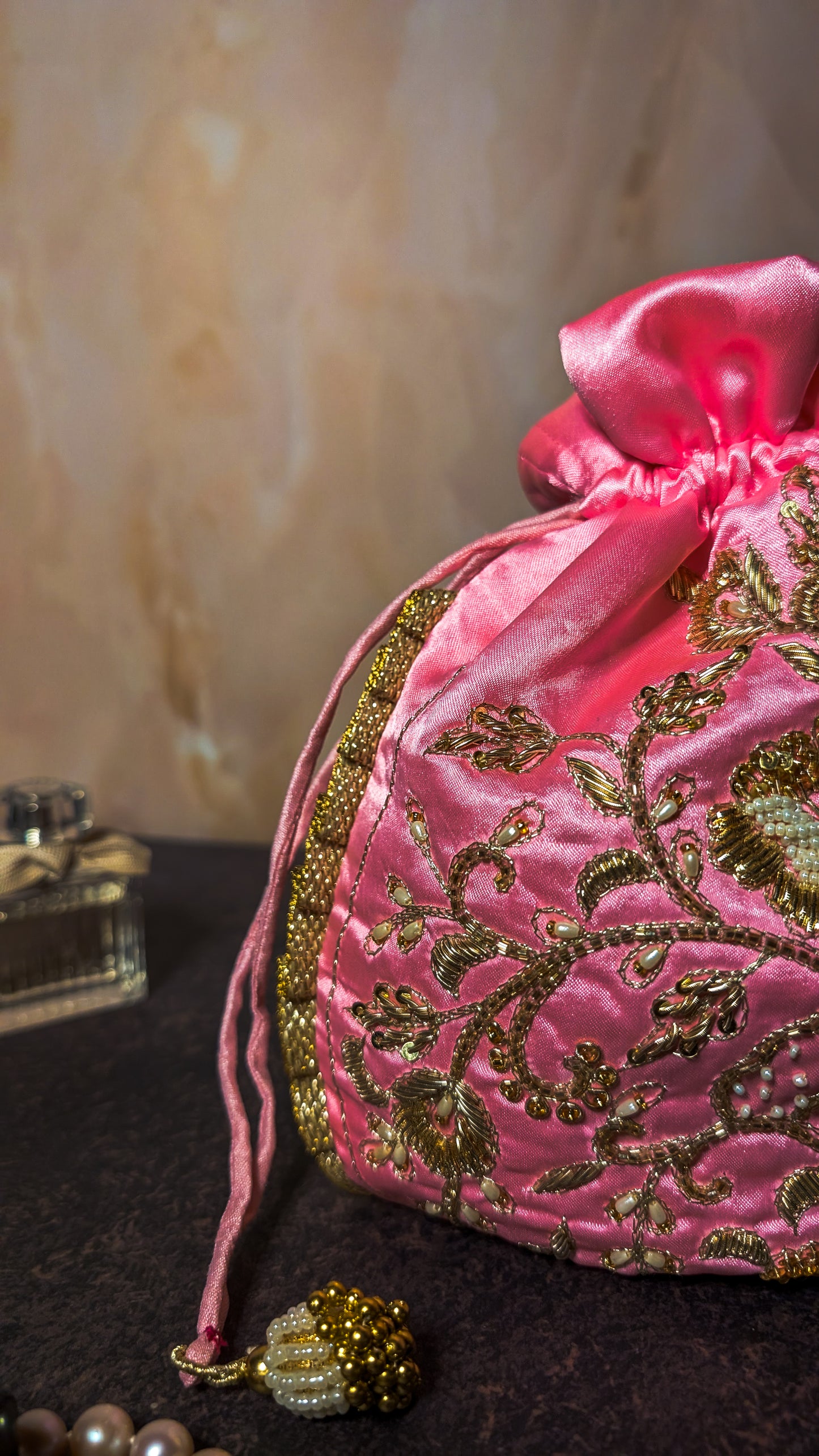 Pink Silk Embroidered Women Potli Bag