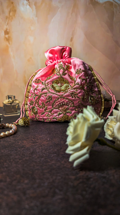 Pink Silk Embroidered Women Potli Bag