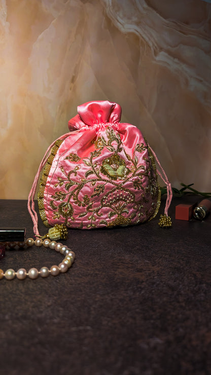 Pink Silk Embroidered Women Potli Bag