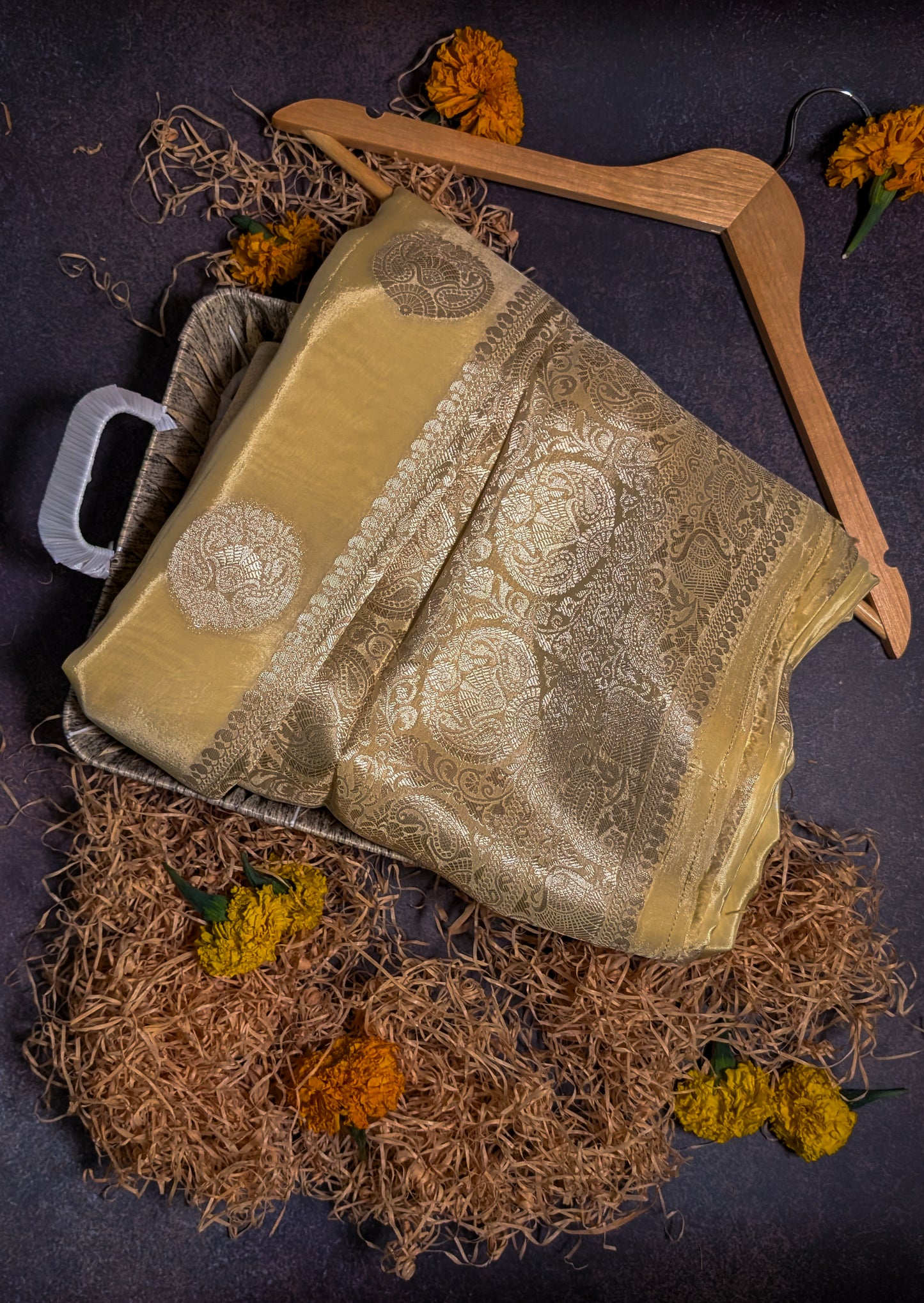 Golden Bloom Banarasi Moonga Tissue Saree