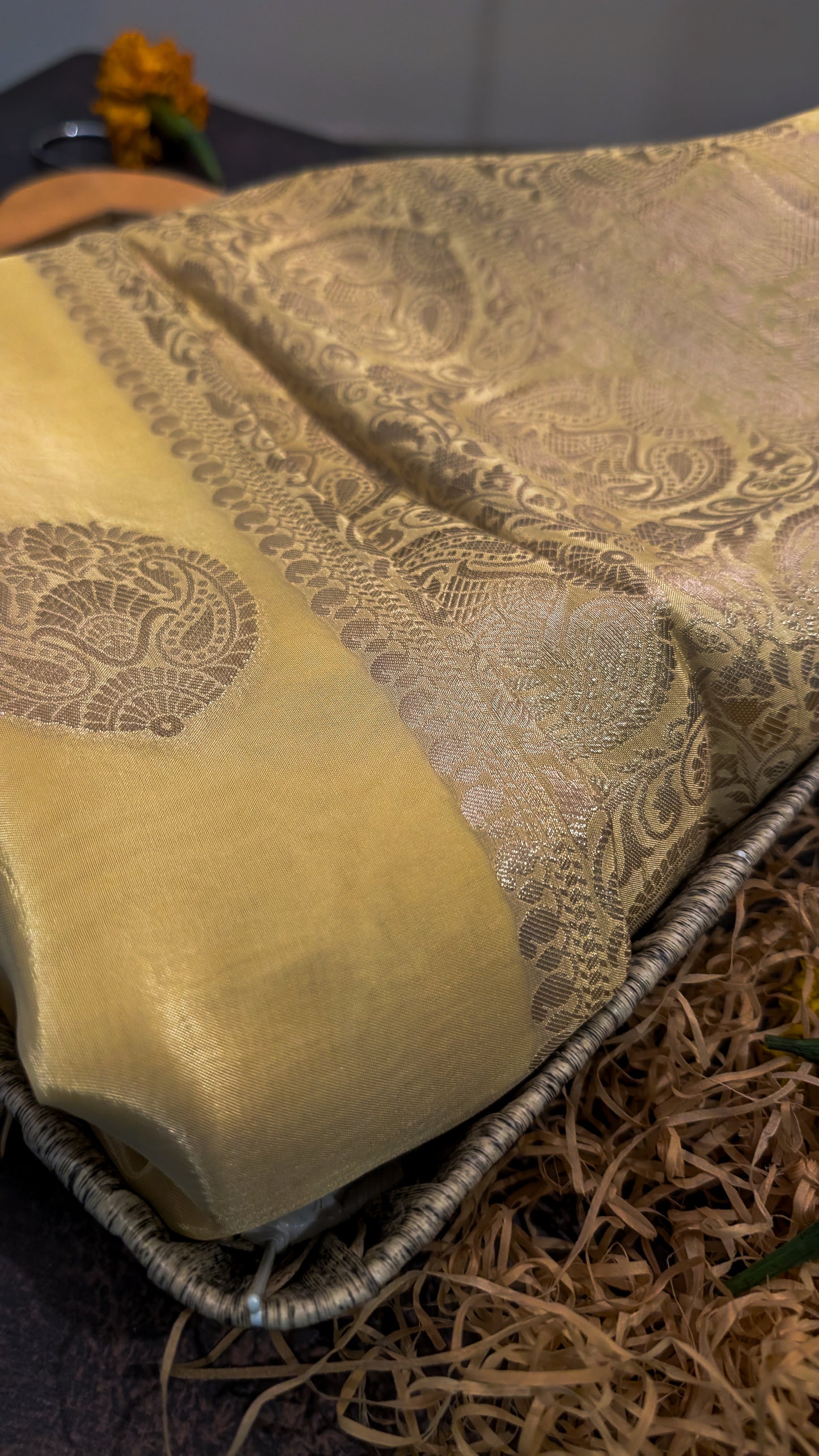 Golden Bloom Banarasi Moonga Tissue Saree