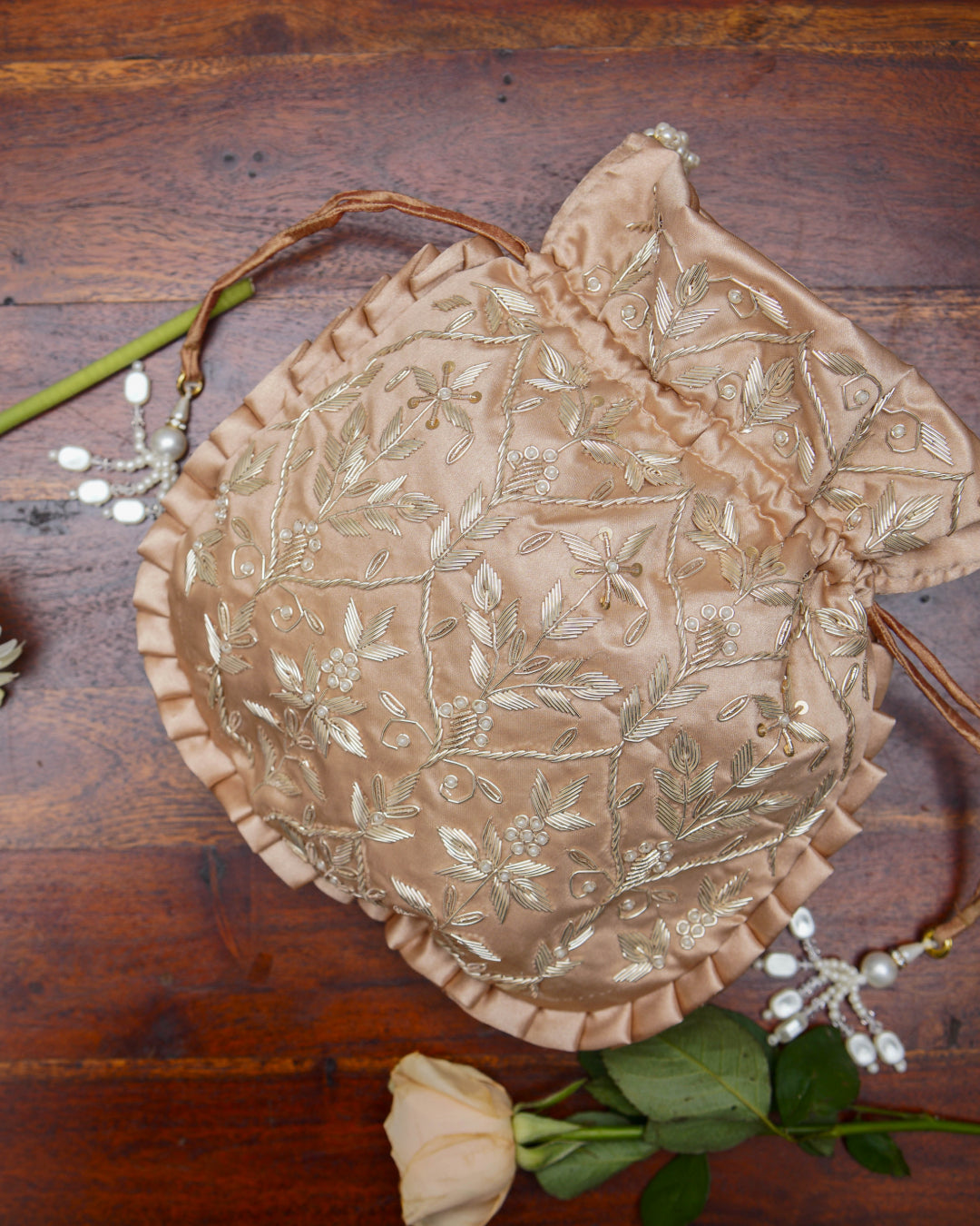 Pale Copper Silk Embroidered Potli Bag (With Handle)